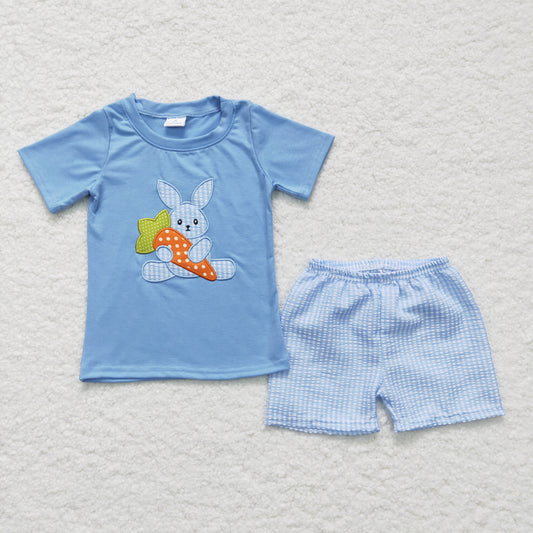 BSSO0087 boy blue cotton blue short sleeve t-shirt match seersucker plaid shorts set with rabbit embroidery