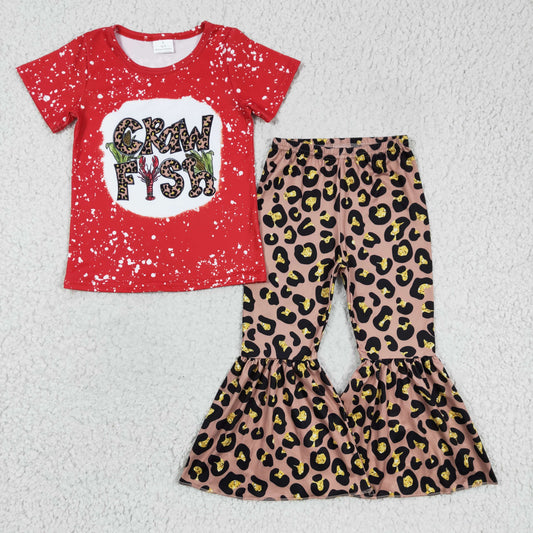 GSPO0332 girl short sleeve red shirt with letters  leopard bell pants 2pieces set for summer