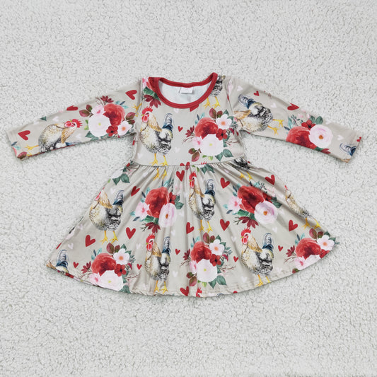 GLD0163 Valentine's Day girl flowers and rooster pattern long sleeve twirl dress with red o-neck