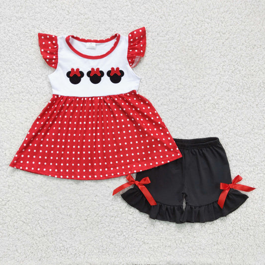 GSSO0130 summer girl flutter sleeve white polka dot top match black cotton ruffle shorts