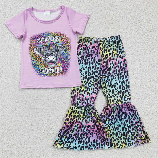 GSPO0240 girl fade purplle short sleeve highland cow print shirt match colorful leopard bell pants