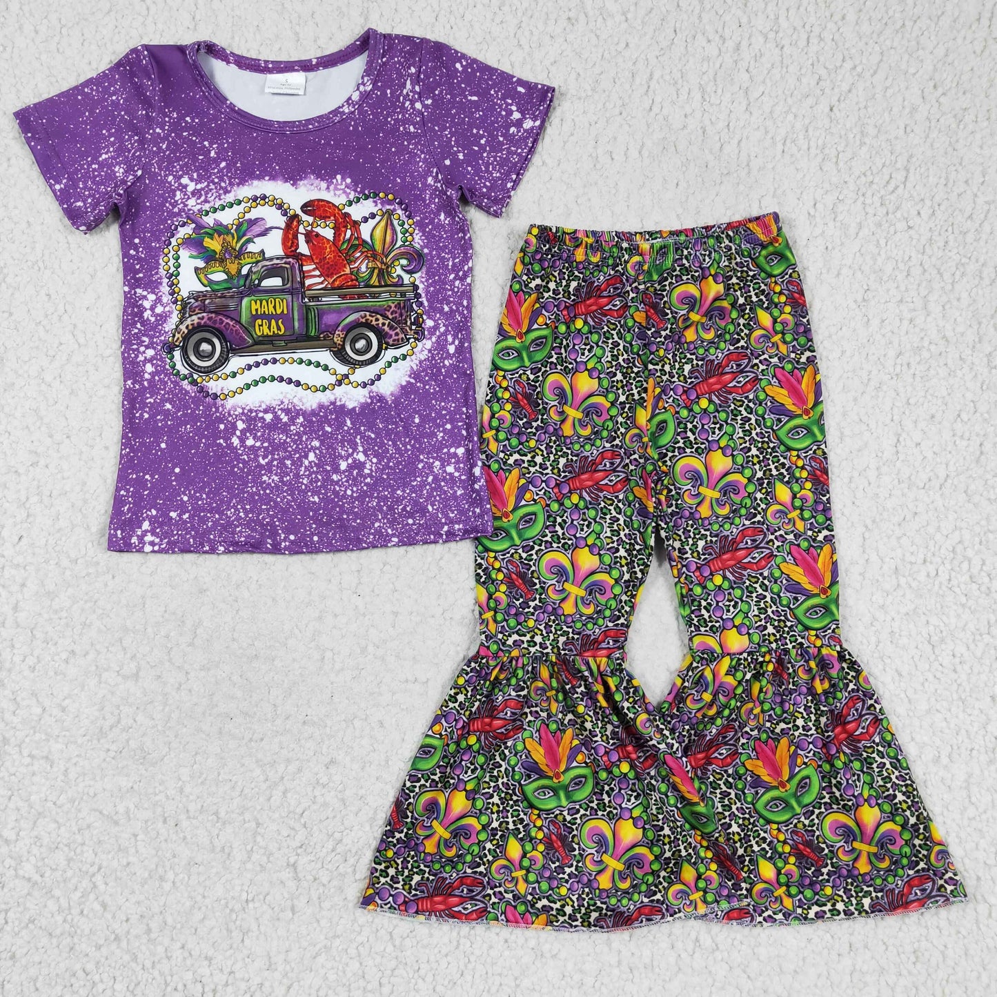 GSPO0268 girl purple short sleeve t-shirt and elastic waist bell bottoms 2pieces set for Mardi Gras