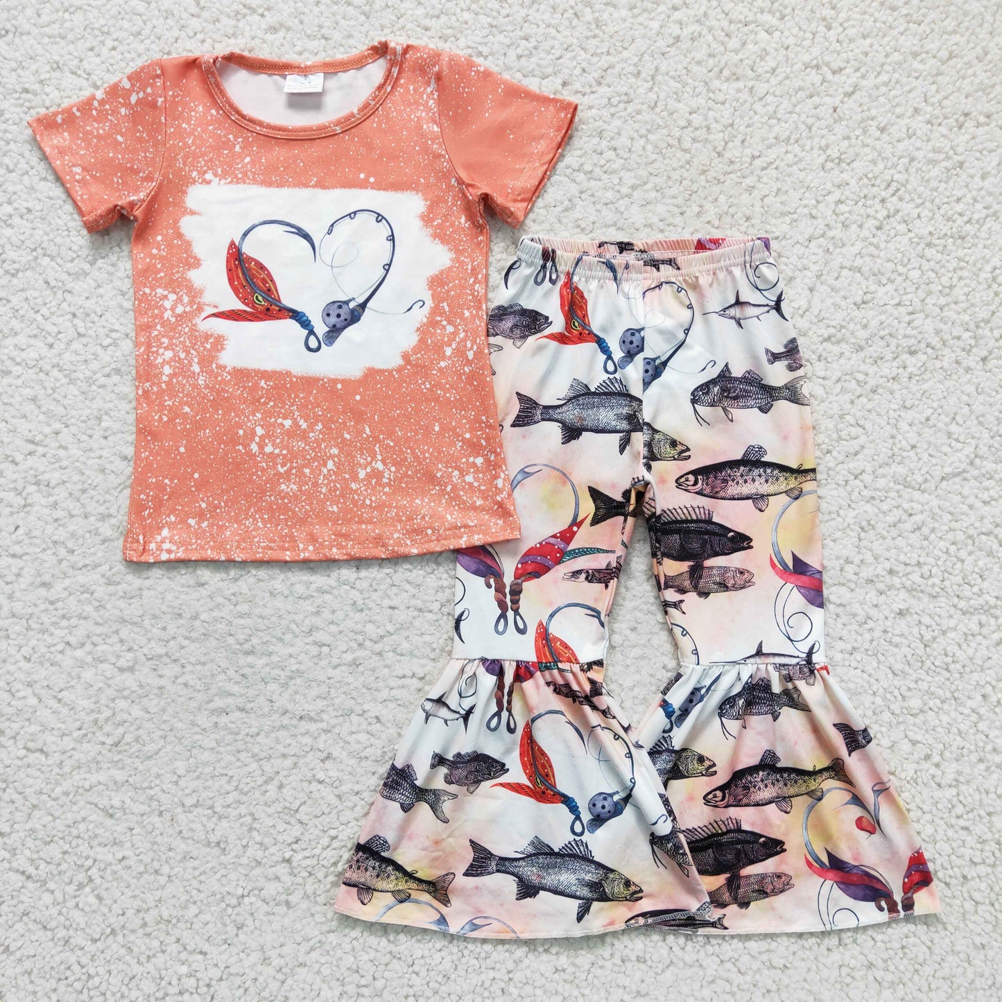 GSPO0258 girl ready to ship short sleeve top and fish pattern bell pants set