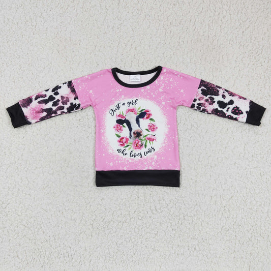 GT0077 girl milk cow and flowers print long sleeve top with black o-neck