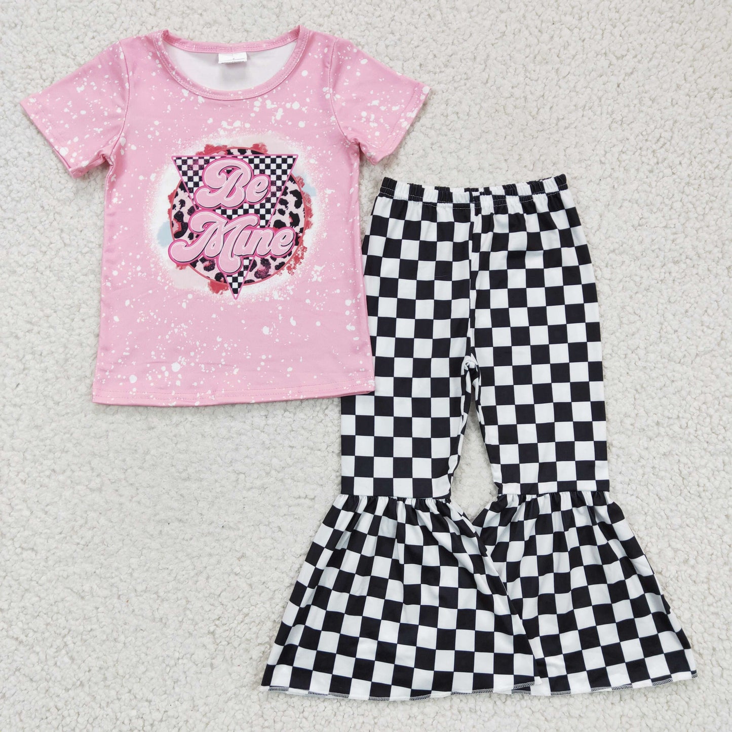 GSPO0282 girl pink short sleeve tie-dye t-shirt match black white plaid bell pants outfit