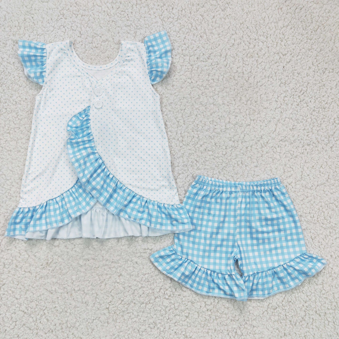 GSSO0127 girl flutter sleeve truck and carrot print top match blue white plaid ruffle shorts