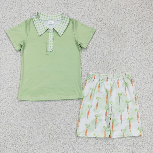 BSSO0095 boy fade green short sleeve turn-down collar top match carrots elastic waist shorts