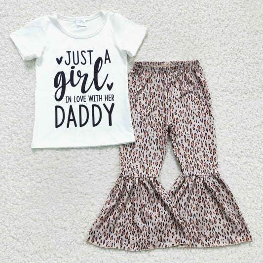 GSPO0266 girl white shirt sleeve letter top leopard bell pants 2pieces set for spring