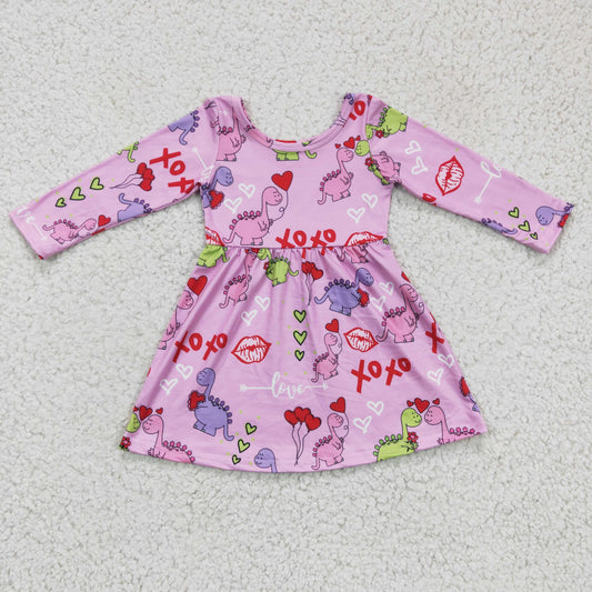 GLD0169 valentine's day girl pink long sleeve dress with heart dinosaur patterns