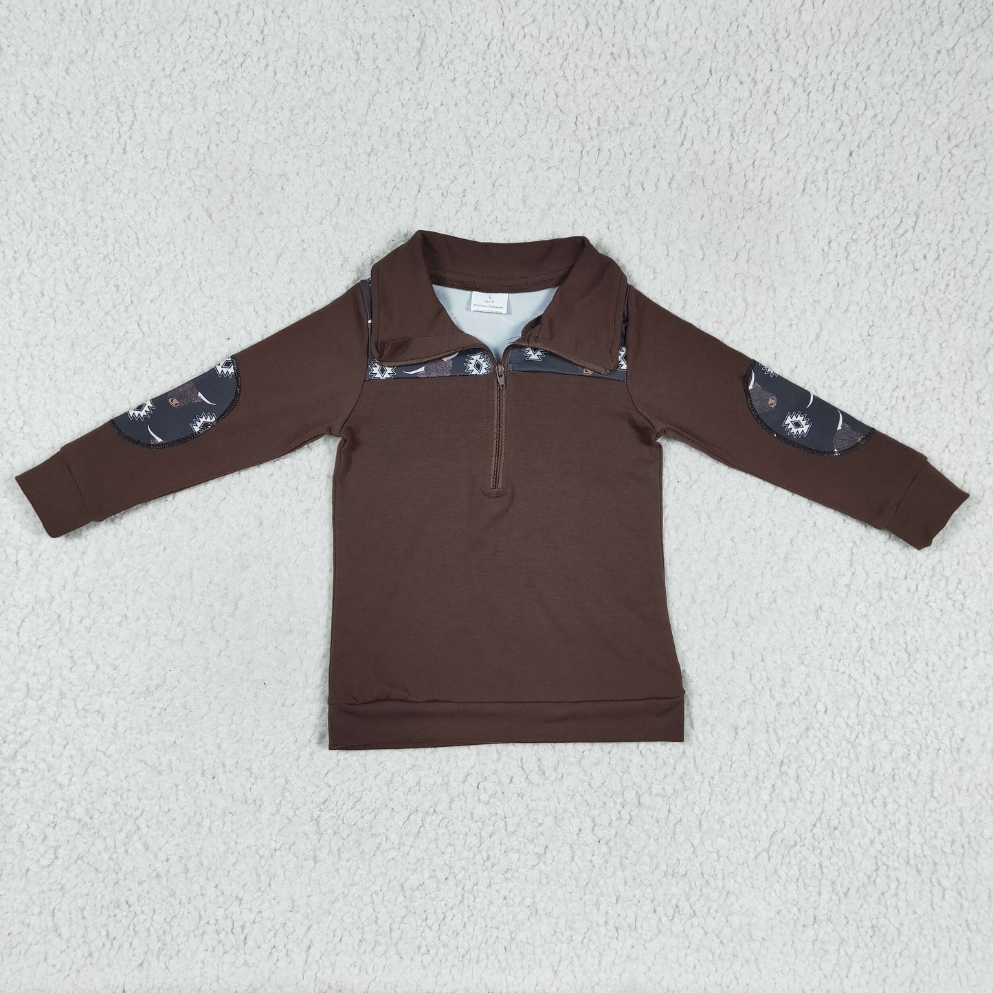 BT0115 boy brown long sleeve turn-down zipper collar cow print patch jacket