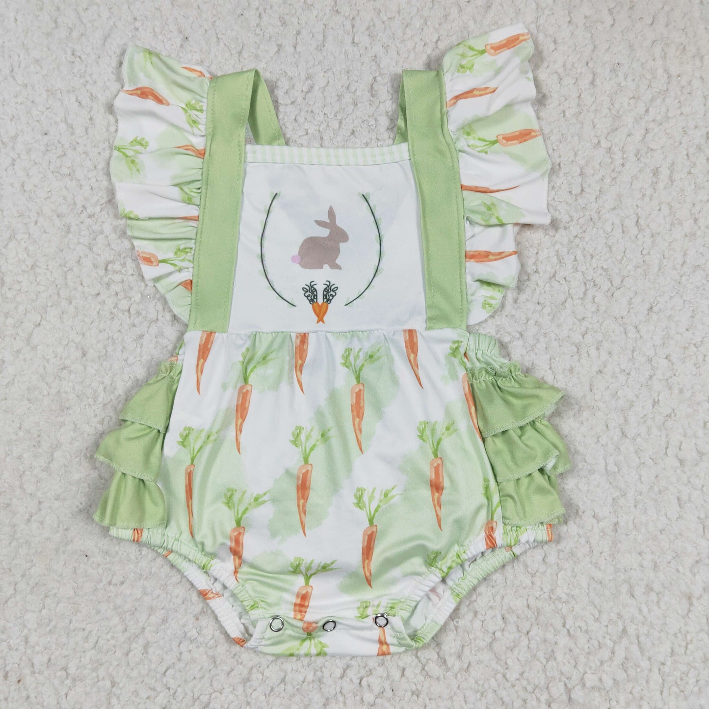 SR0112 baby girl rabbit and carrot print short sleeve green ruffles romper for easter day