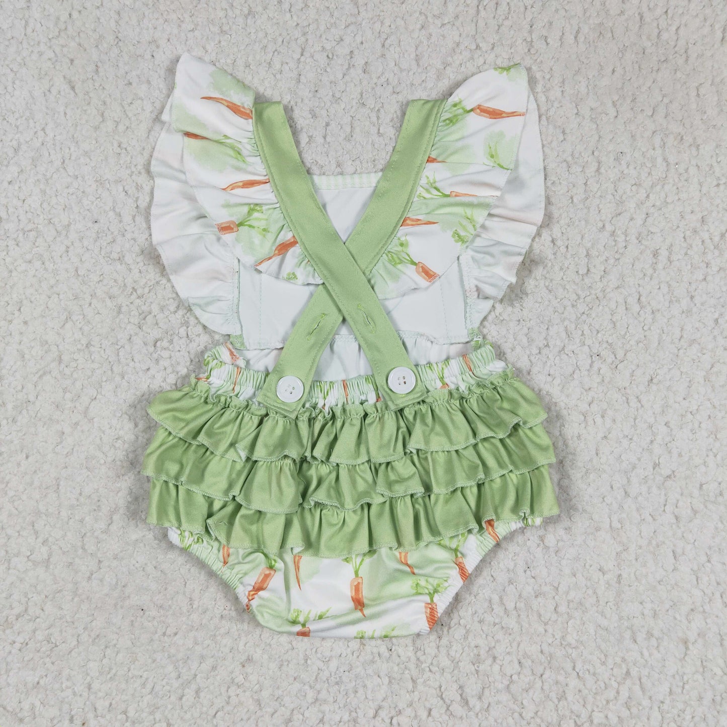 SR0112 baby girl rabbit and carrot print short sleeve green ruffles romper for easter day