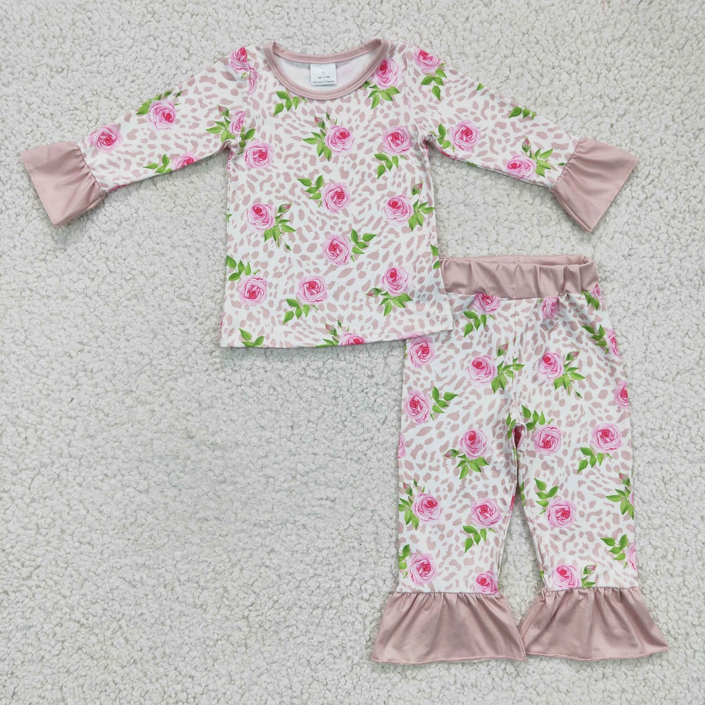 GLP0367 girl long sleeve pajamas set with flowers and leopard print kids spring casual outfit