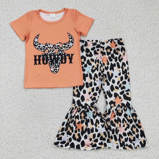 GSPO0305 girl orange short sleeve cow print t-shirt match leopard elastic waist bell pants set