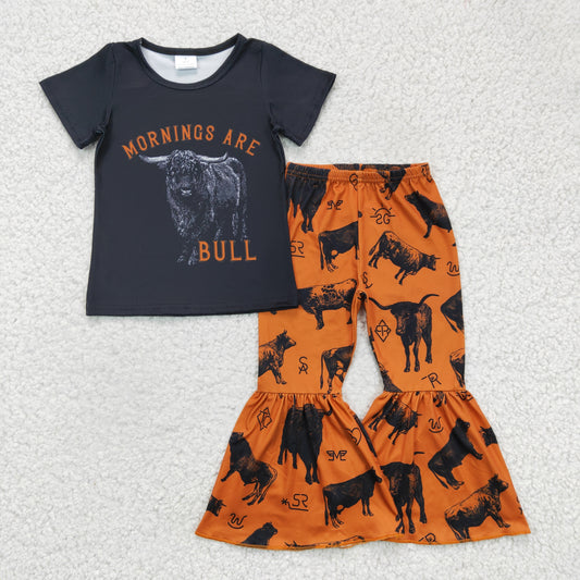 GSPO0286 girl black short sleeve top orange elastic waist bell pants with cow print