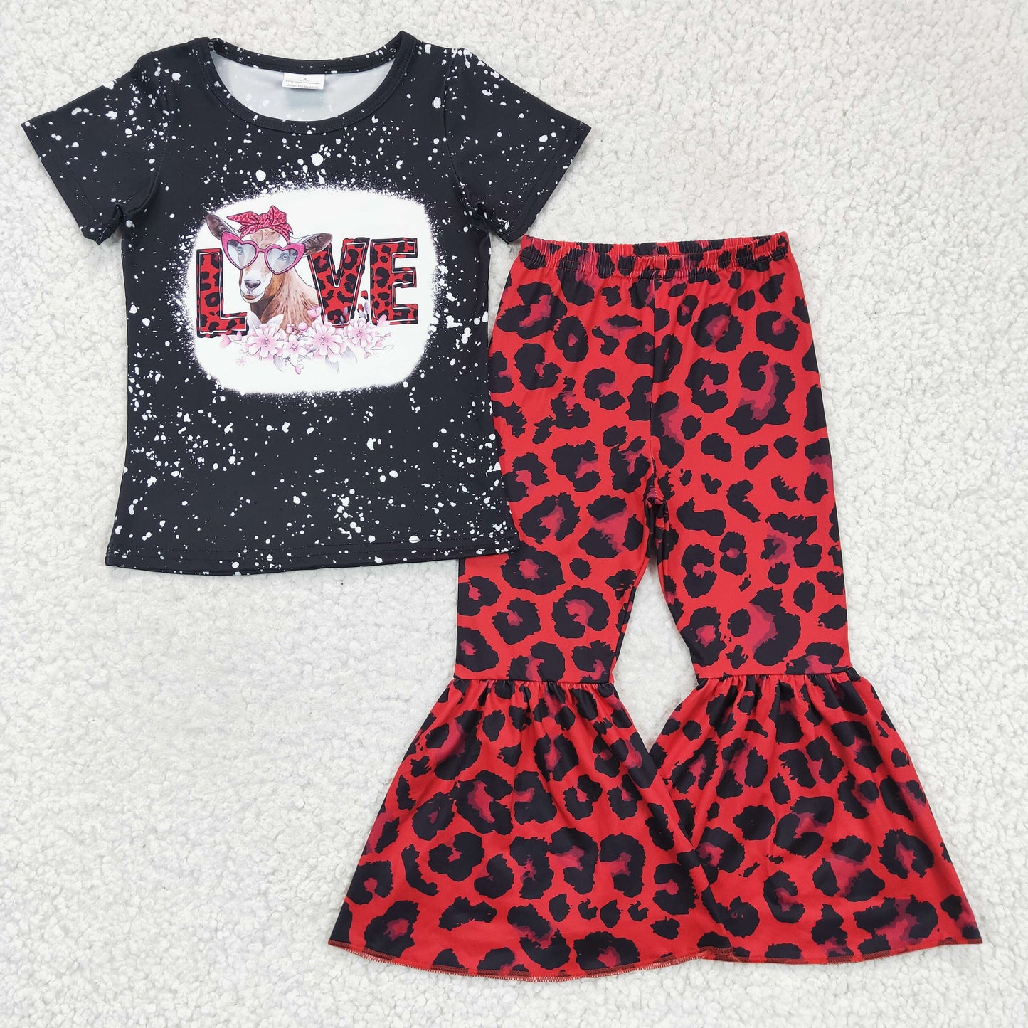 GSPO0288 girl black short sleeve top with love letter match red leopard bell pants set for V-Day