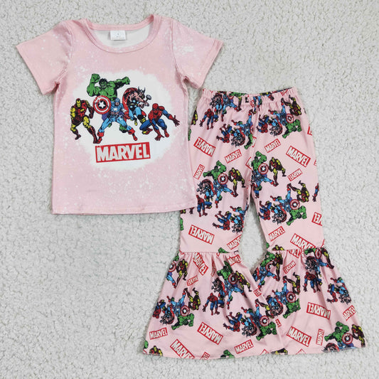 GSPO0308 girl fade pink short sleeve letter top and elastic waist bell pants