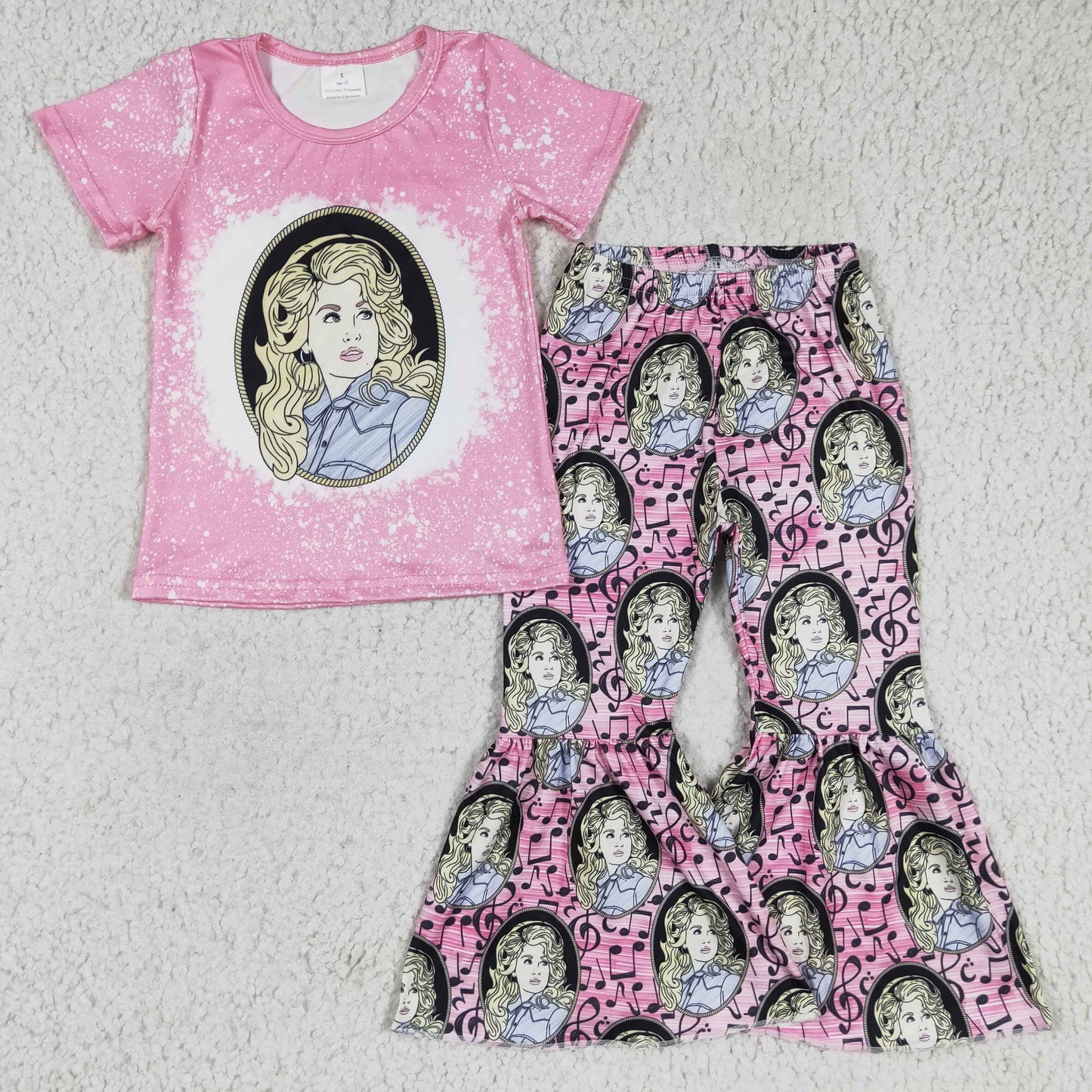 GSPO0322 girl pink short sleeve top and note print bell pants 2pieces set