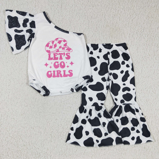 girl short sleeve romper match milk cow pattern bell pants 2pieces set