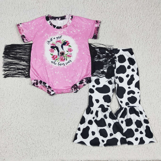 girl short sleeve romper match milk cow pattern bell pants 2pieces set