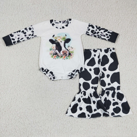 girl long sleeve stitching covered button romper match milk silk pattern bell pants set