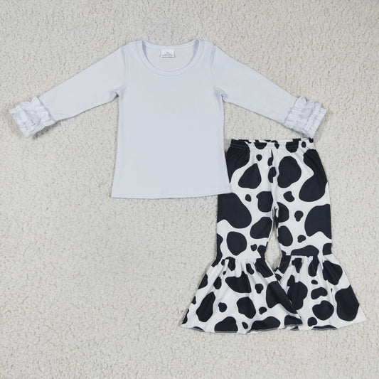 girl milk cow pattern bell pants match solid color top fashion kids 2pieces set