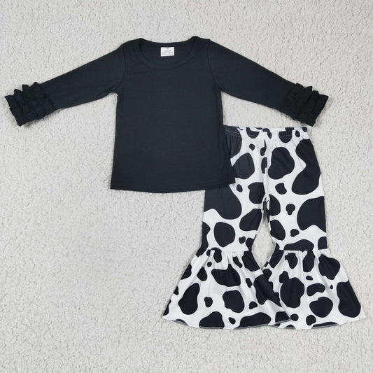 girl milk cow pattern bell pants match solid color top fashion kids 2pieces set