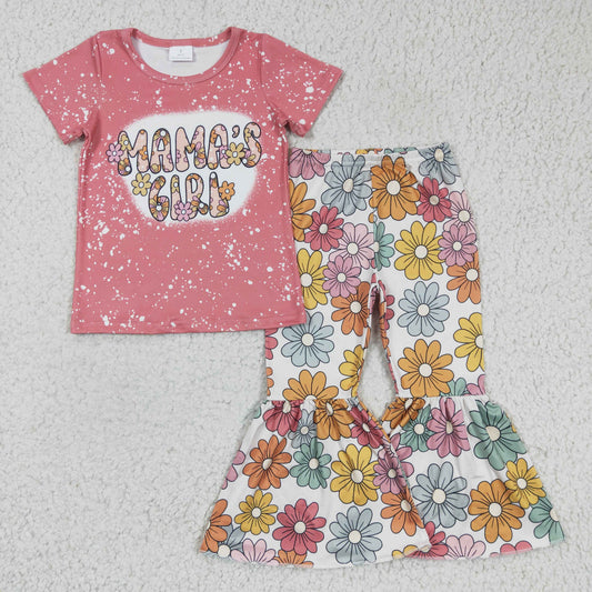 GSPO0317 girl pink short sleeve mama's girl letter top and flowers pattern bell pants set