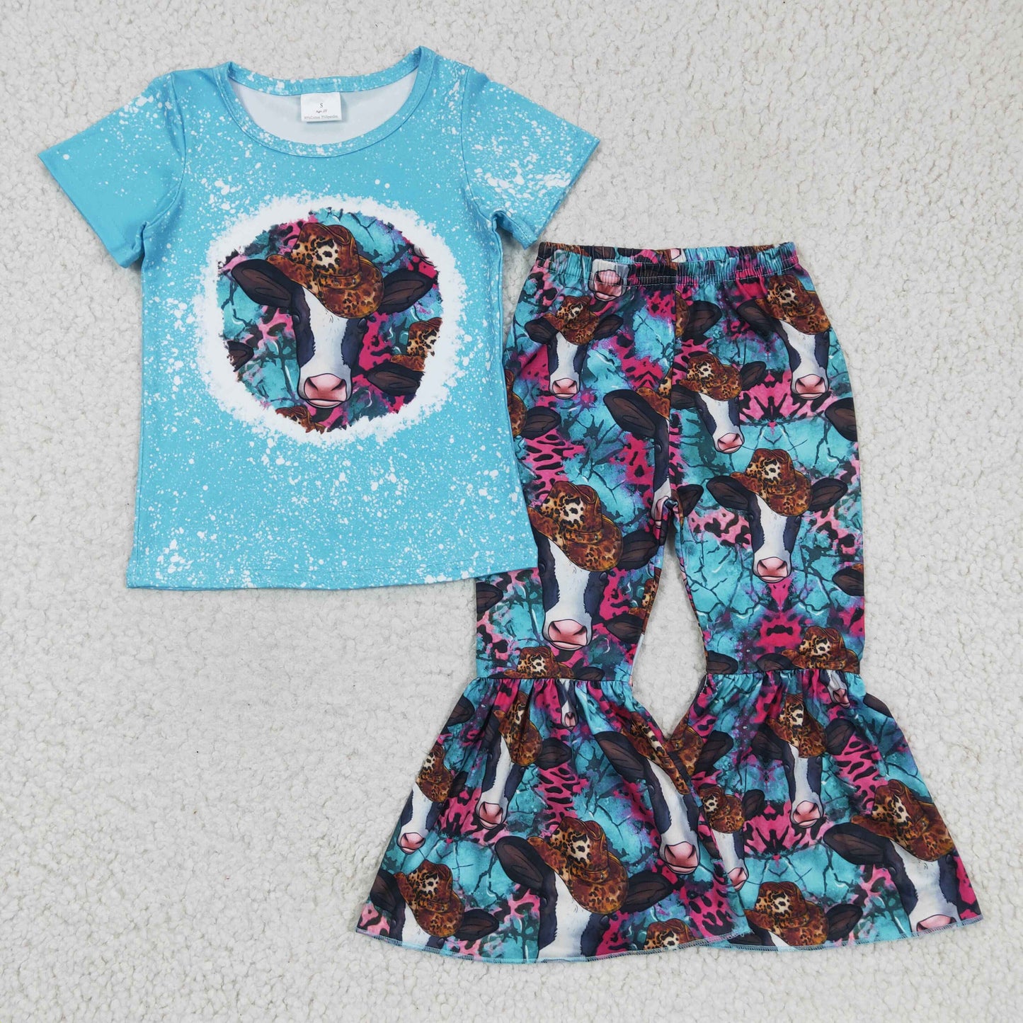 GSPO0304 girl blue short sleeve t-shirt and milk cow pattern bell pants 2pieces set