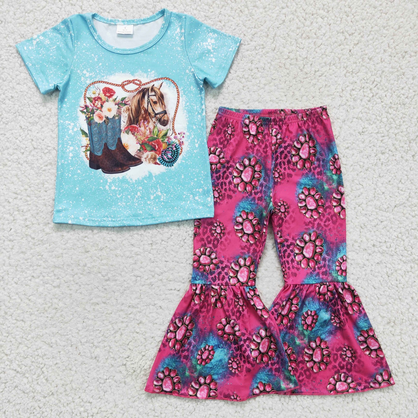 GSPO0312 girl blue short sleeve horse top and rose red bell pants outfit