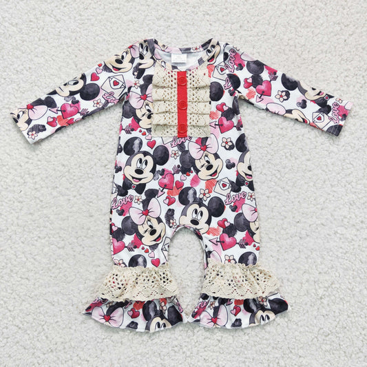 LR0245 valentine's day baby girls long sleeve heart romper with lace