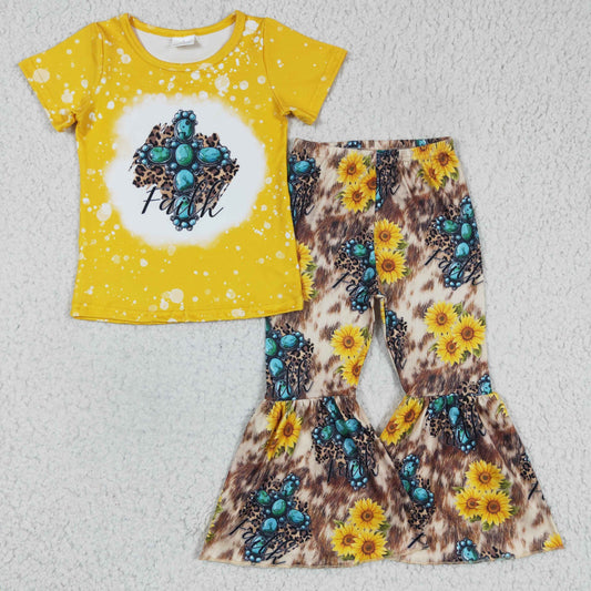 GSPO0269 girl yellow short sleeve shirt sunflowers and cross bell pants 2pieces set