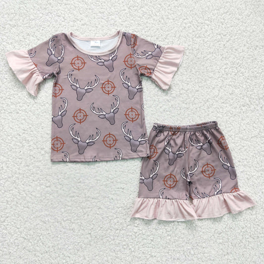 GSSO0138 girl coffee short sleeve top and elastic waist shorts set with cow print