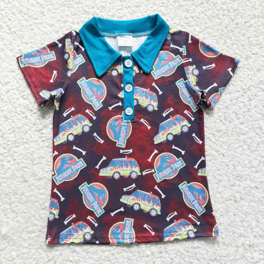 BT0136 summer boy short sleeve blue turn-down collar dinosaur shirt