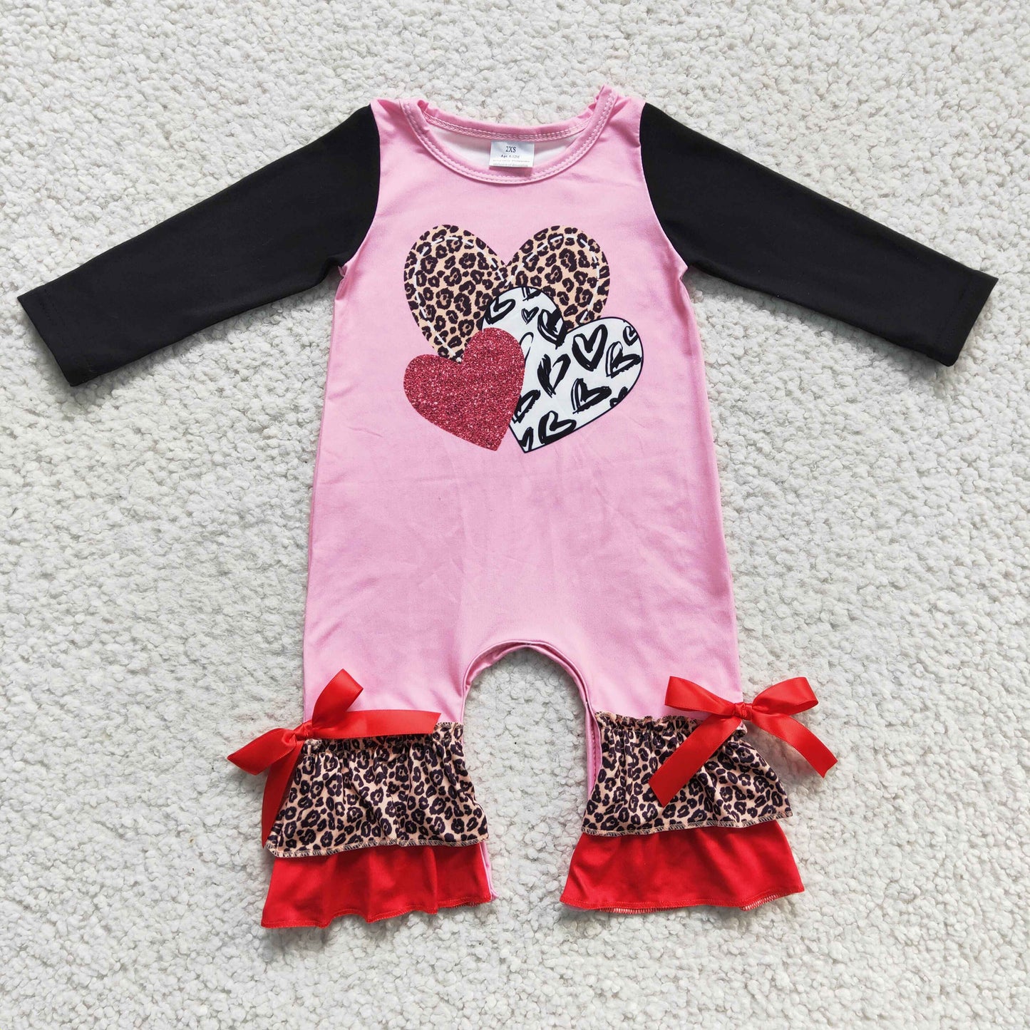 LR0251 baby girls black long sleeve heart romper valentine's day ruffles jumpsuit with red bow-knot