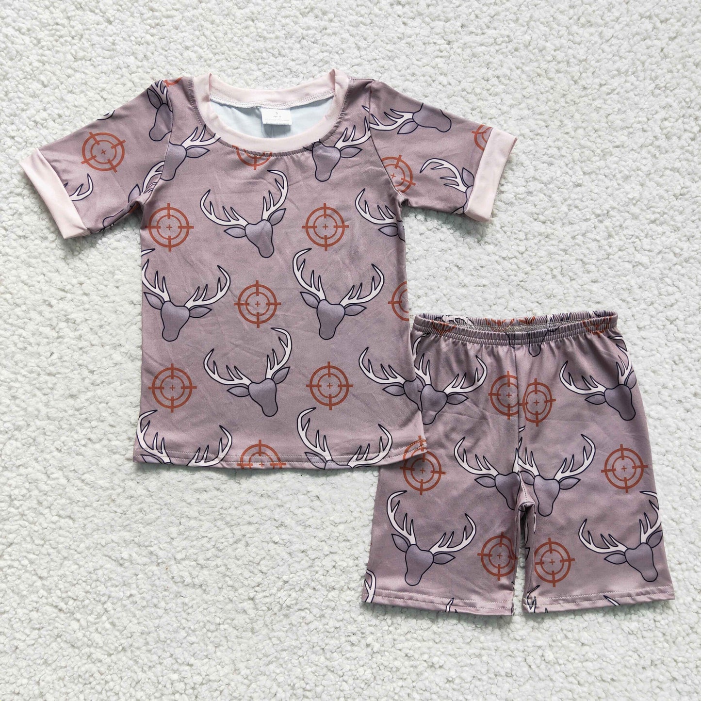 BSSO0099 boy coffee short sleeve top and elastic waist shorts set with cow print