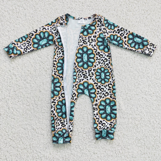 LR0254 girl long sleeve leopard and gem print zipper romper