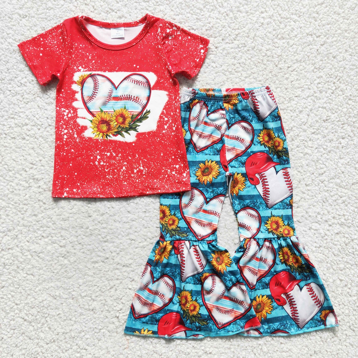 GSPO0252 girl red short sleeve top and sunflowers and heart print bell bottoms