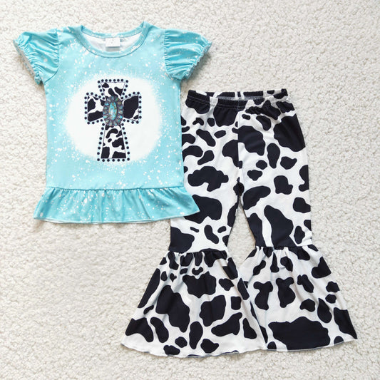 GSPO0246 girl blue puff short sleeve cross top match milk cow print bell bottoms 2pieces set