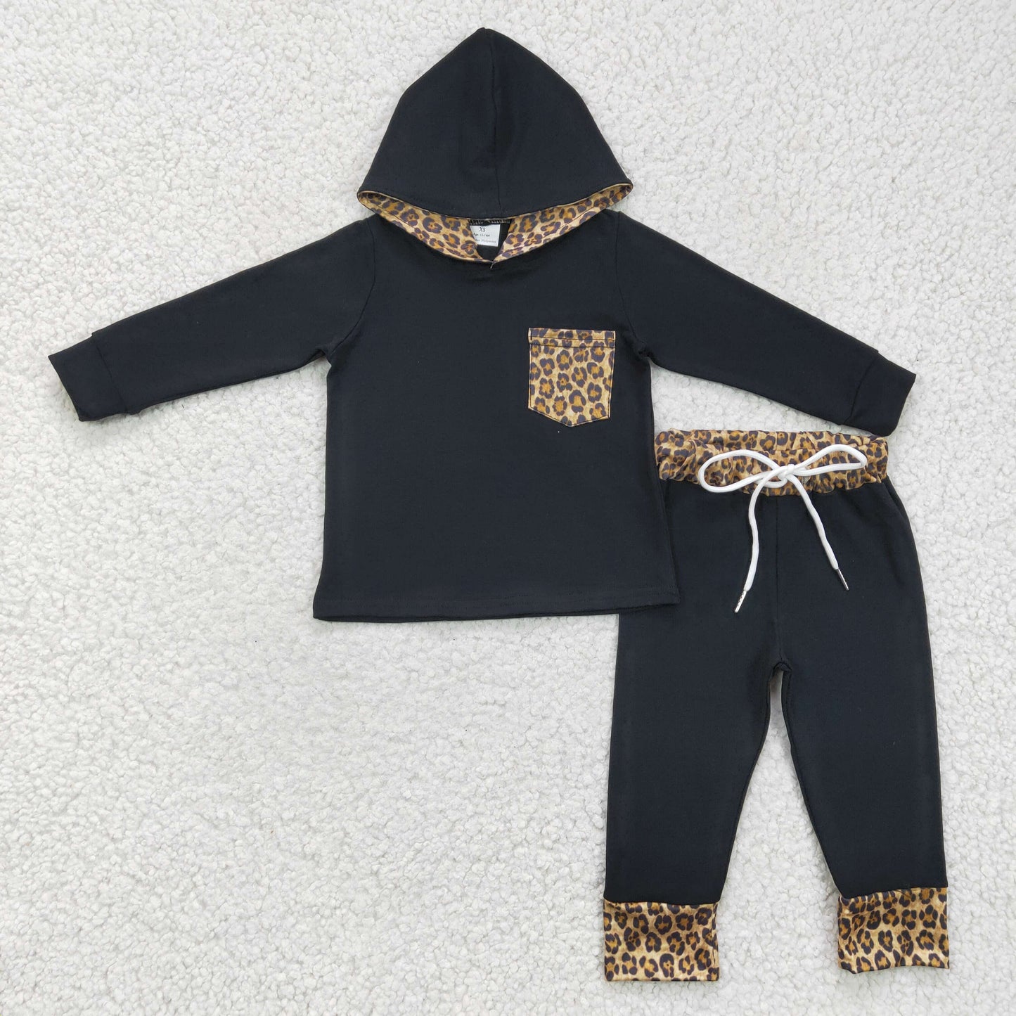 6 C7-16 boy black long sleeve hooded top leopard elastic waist pants 2pieces set