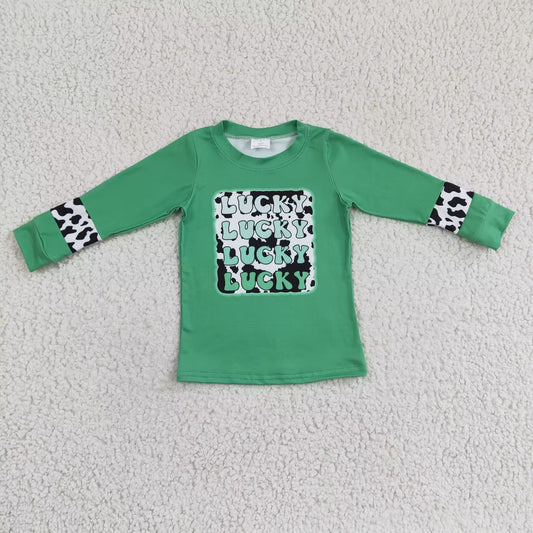 GT0081 girl green long sleeve top with lucky letters design kids st patrick's day clothes