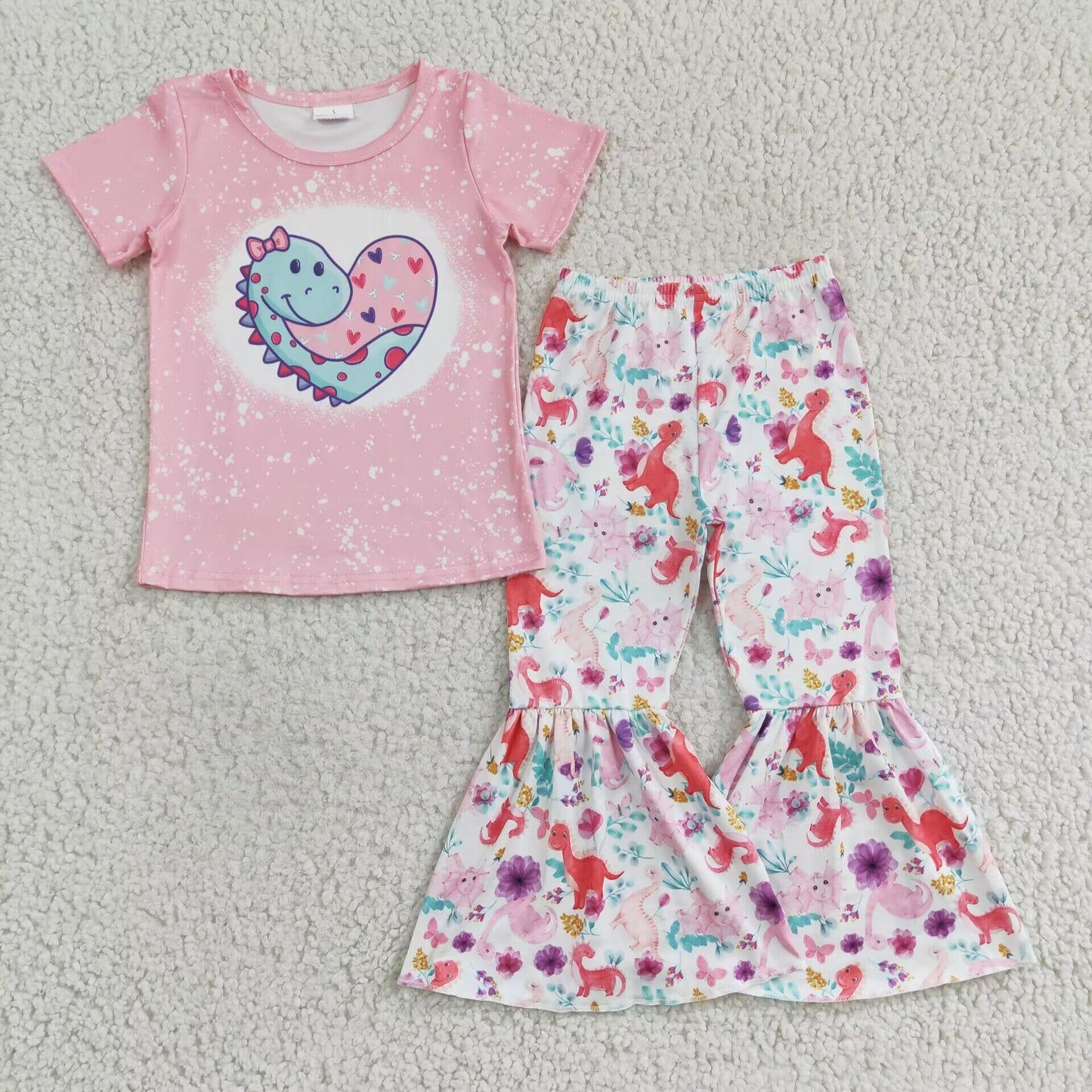 GSPO0283 girl pink short sleeve shirt match heart dinosaur print bell bottoms for V-day