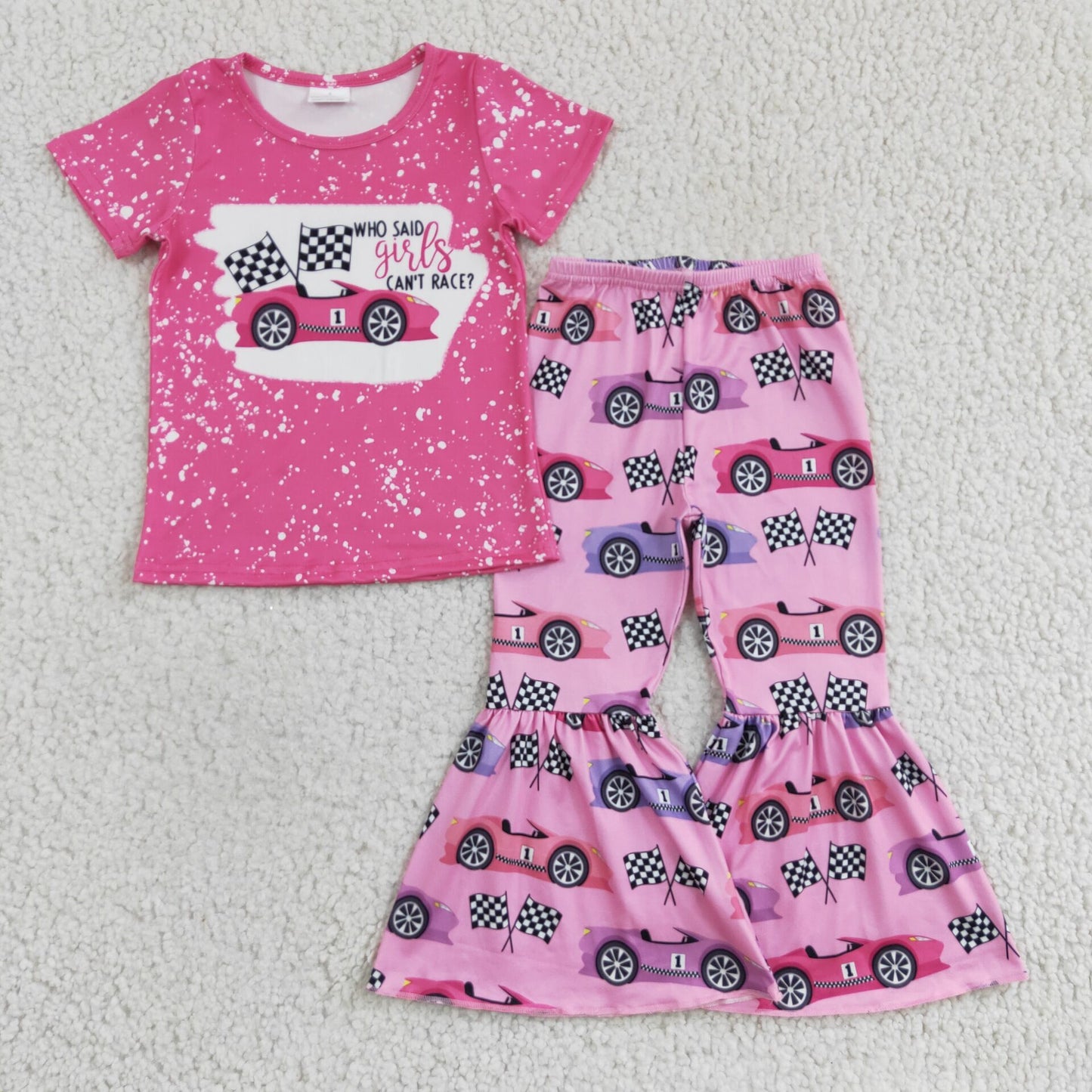 GSPO0318 girl summer short sleeve top and pink bell pants set