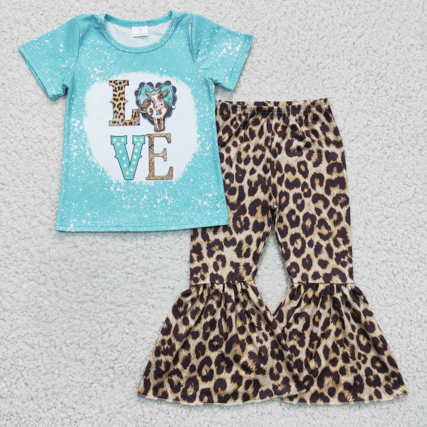 GSPO0330 girl blue short sleeve top with love letter match leopard bell bottoms