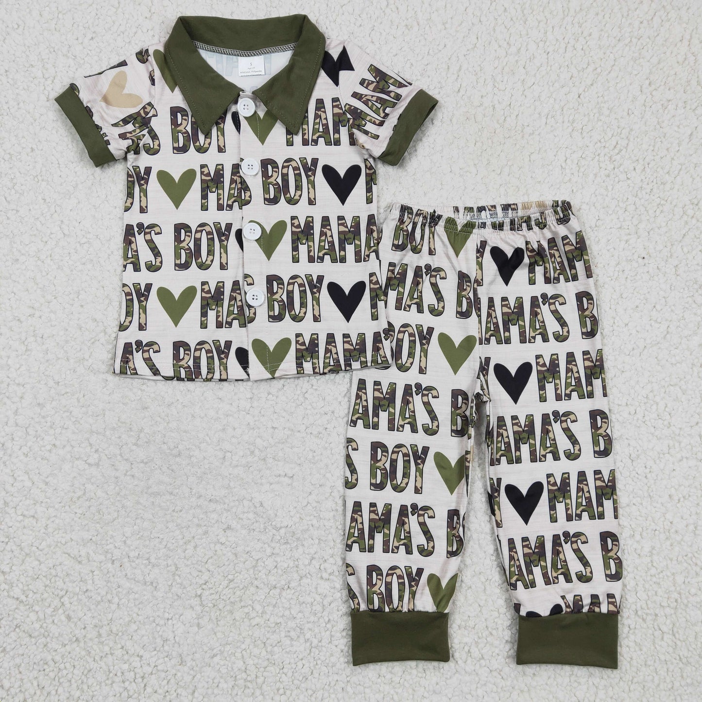 BSPO0044 kids short sleeve turn-down collar pajamas set with mama's boy letter print