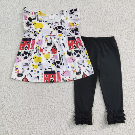 A9-8 girl farm flutter sleeve top match cotton black icing ruffle pants set