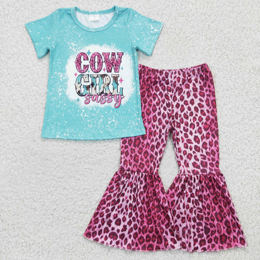 GSPO0307 girl blue short sleeve t-shirt pink leopard bell bottoms 2pieces set