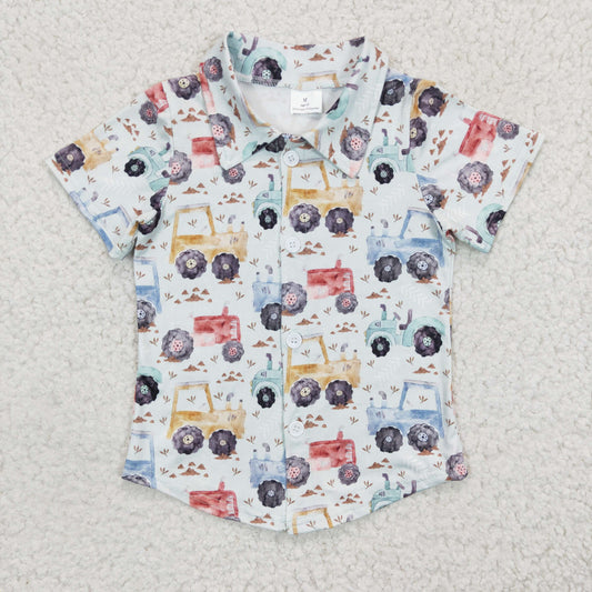 BT0137 boy short sleeve turn-down collar engineer car print t-shirt