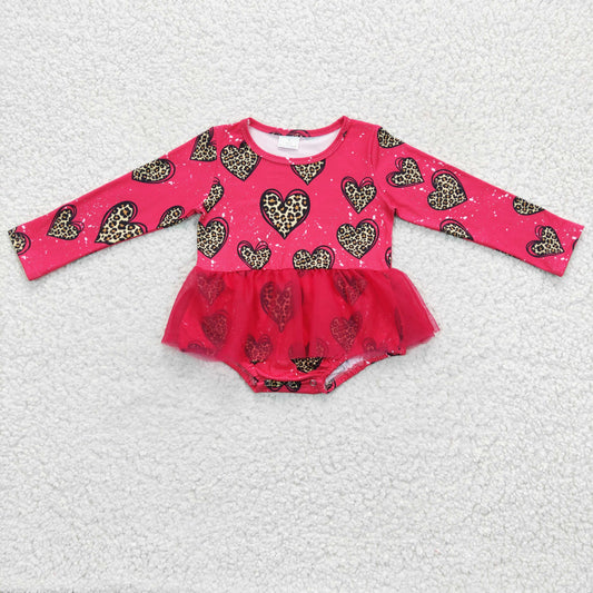 LR0253 baby girls red long sleeve voile romper with leopard heart print