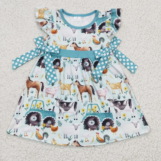 GSD0162 girl flutter short sleeve farm style frock with polka dot bows kids animals print dress